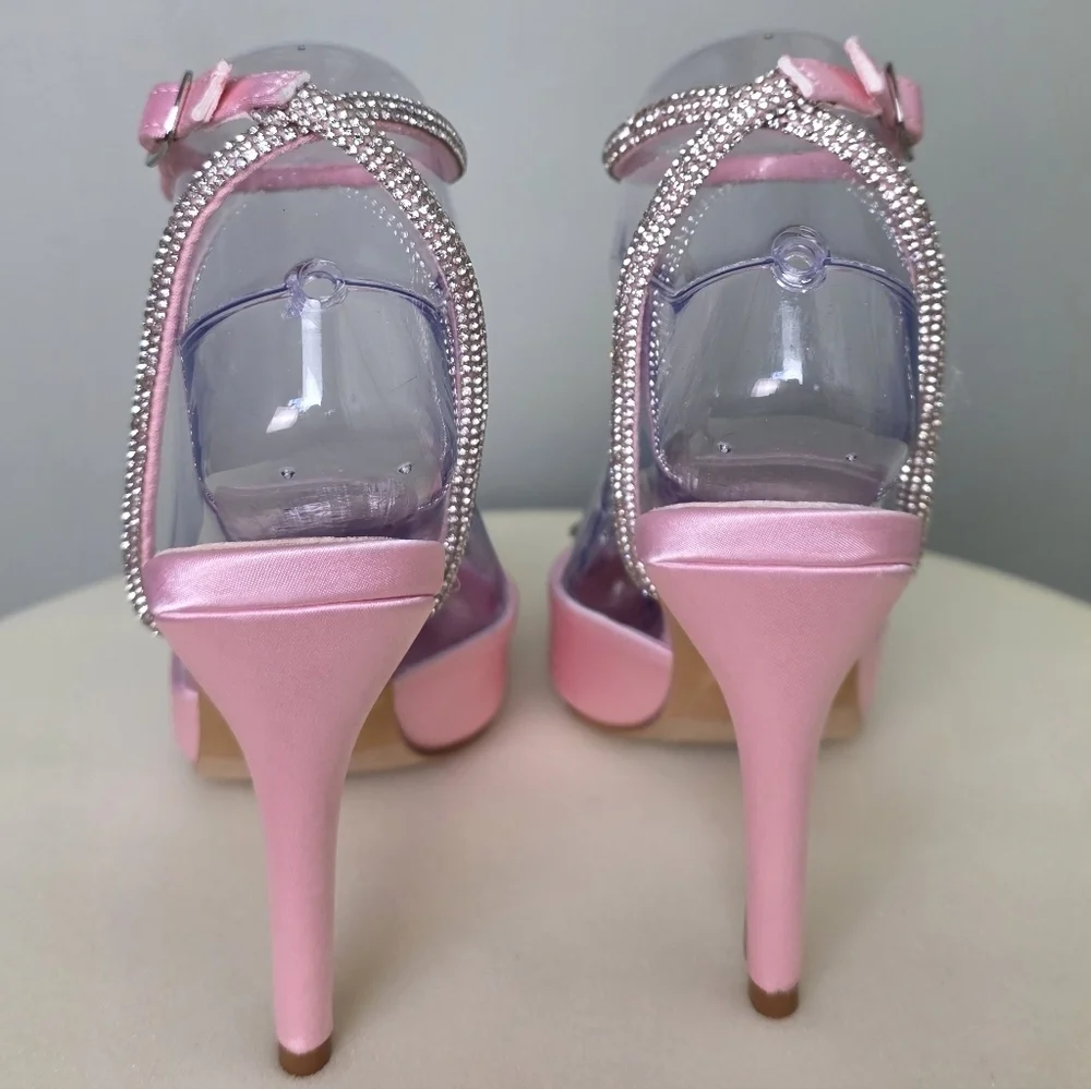 TOP MODA Pink Satin Freya Pointed Toe Sparkly Heart Ankle Strap Heel, Size 6.5
